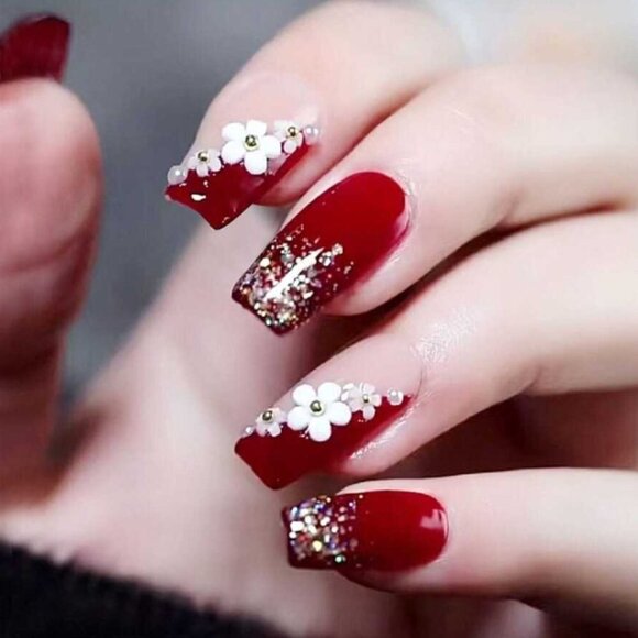 White Camelia Red and Pinkish White Short Coffin Press On Nails 24 Pieces - Picture 1 of 4